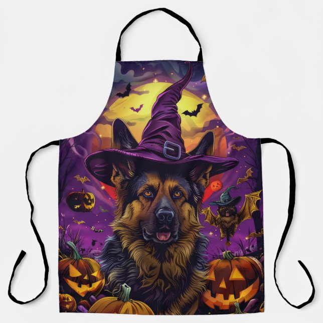 Spooky German Shepherd Halloween Witch Pumpkin  Apron (Front)
