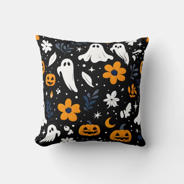 Spooky Ghost and Pumpkin Halloween Pillow (Front)