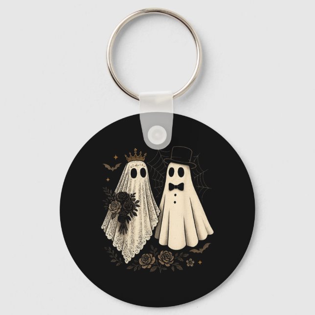 Spooky Ghost Bride And Groom Halloween Wedding Keychain (Front)