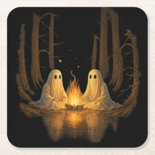 Spooky Ghost Campfire Night Forest Art - Halloween Square Paper Coaster