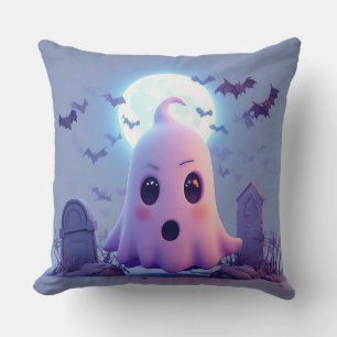 Spooky Ghost Cartoon With Bats Throw Pillow