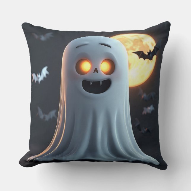 Spooky Ghost Cartoon With Bats Throw Pillow (Front)