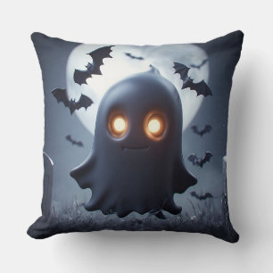 Spooky Ghost Cartoon With Bats Throw Pillow