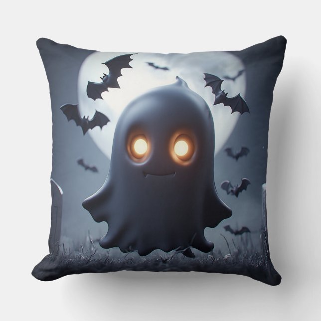 Spooky Ghost Cartoon With Bats Throw Pillow (Front)