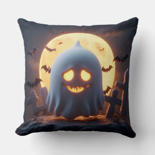Spooky Ghost Cartoon With Bats Throw Pillow