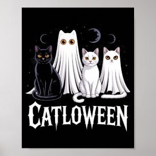 Spooky Ghost Cats Catloween Pumpkin Cute Black Cat Poster