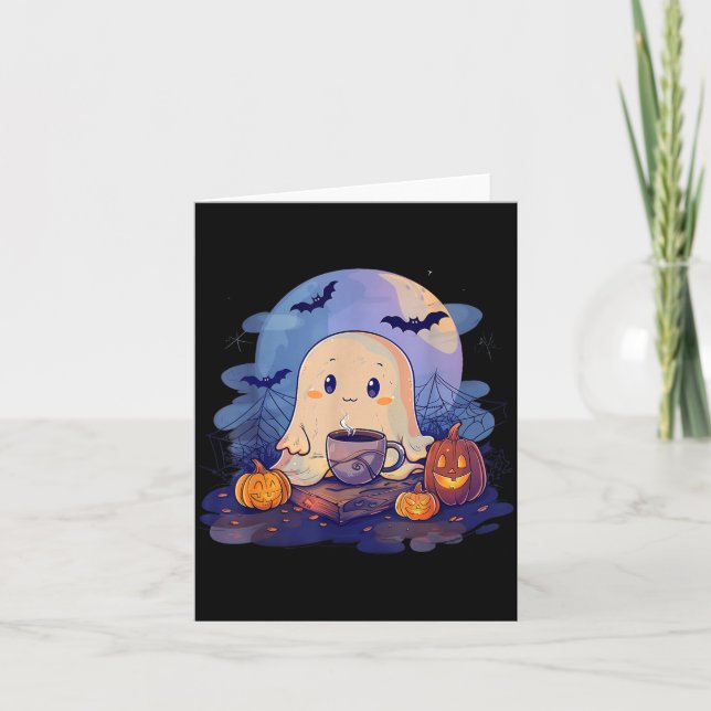 Spooky Ghost Costume Coffee Pumpkin Spider Web Card (Front)