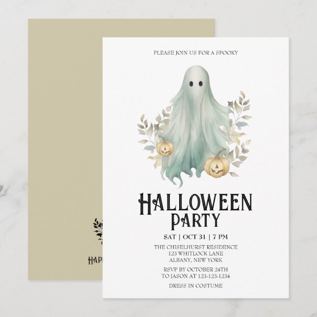 Spooky Ghost Costume Mint Halloween Party Invitation (Front/Back)