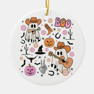 Spooky Ghost Cowboy Cute Halloween Boo Western Ret Ceramic Ornament
