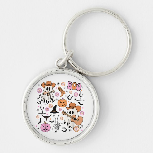 Spooky Ghost Cowboy Cute Halloween Boo Western Ret Keychain (Front)