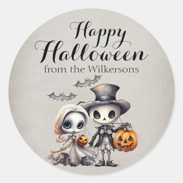 Spooky Ghost Doll and Skeleton Halloween Classic Round Sticker (Front)