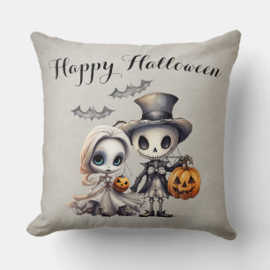 Spooky Ghost Doll and Skeleton Halloween Throw Pillow