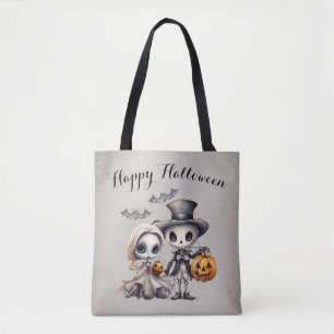 Spooky Ghost Doll and Skeleton Halloween Tote Bag