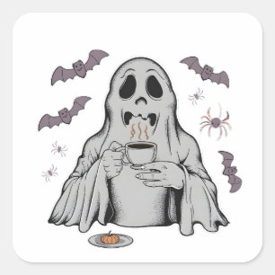 Spooky Ghost Drinking Coffee Caffeine Halloween  Square Sticker