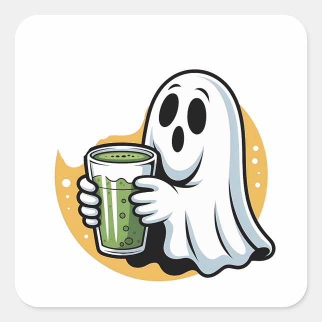 Spooky Ghost Drinking Matcha Halloween  Square Sticker (Front)