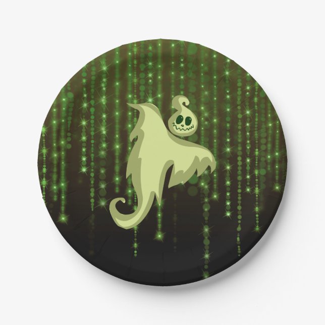 Spooky Ghost Green String Lights Paper Plates (Front)
