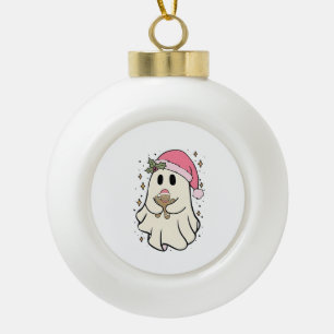 Spooky Ghost Holding a Gingerbread Christmas Ceramic Ball Christmas Ornament