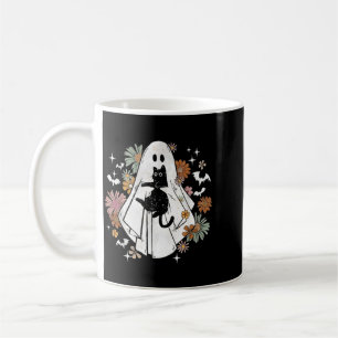 Spooky Ghost Holding Black Cat Groovy Floral Coffee Mug