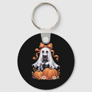 Spooky Ghost Holding Black Cat Groovy Floral Hallo Keychain