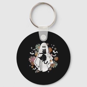 Spooky Ghost Holding Black Cat Groovy Floral Hallo Keychain
