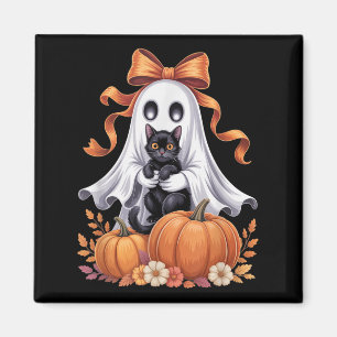 Spooky Ghost Holding Black Cat Groovy Floral Hallo Magnet
