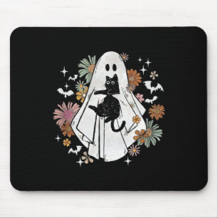Spooky Ghost Holding Black Cat Groovy Floral Hallo Mouse Pad