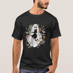 Spooky Ghost Holding Black Cat Groovy Floral Hallo T-Shirt