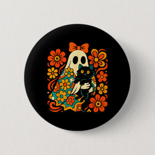 Spooky Ghost Holding Black Cat Groovy Floral Retro 2 Inch Round Button