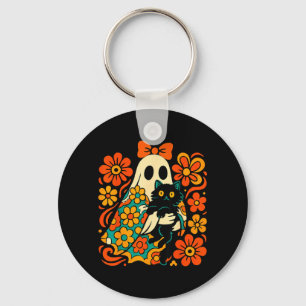 Spooky Ghost Holding Black Cat Groovy Floral Retro Keychain