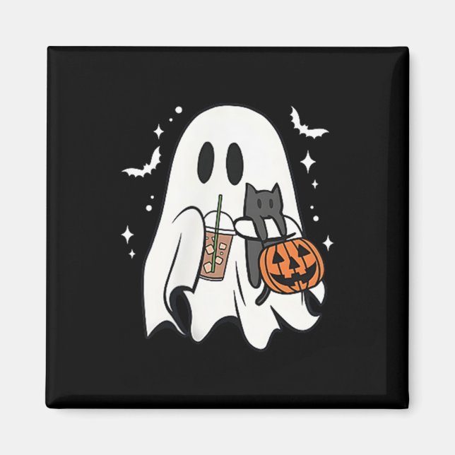 Spooky Ghost Holding Black Cat Halloween Ice Coffe Magnet (Front)