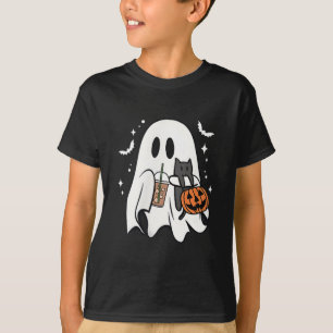 Spooky Ghost Holding Black Cat Halloween Ice Coffe T-Shirt