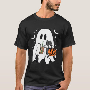 Spooky Ghost Holding Black Cat Halloween Ice T-Shirt