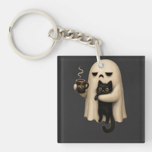 Spooky Ghost Hugging Black Cat Funny Halloween Keychain