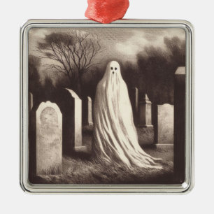 Spooky Ghost in Graveyard Vintage Engraving Metal Ornament