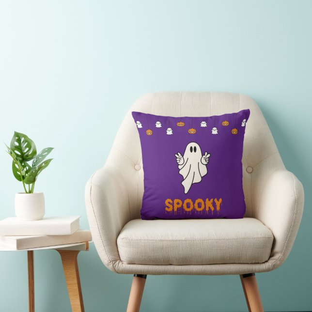 Spooky Ghost Jack-O' Lanterns Purple Halloween Throw Pillow (Chair)