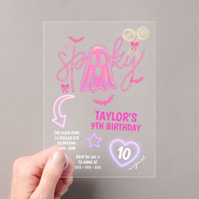 Spooky Ghost Neon Pink Halloween Birthday Acrylic Invitations (Insitu (Handheld))