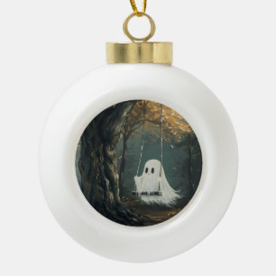 Spooky Ghost on Swing Halloween Autumn Forest Ceramic Ball Christmas Ornament