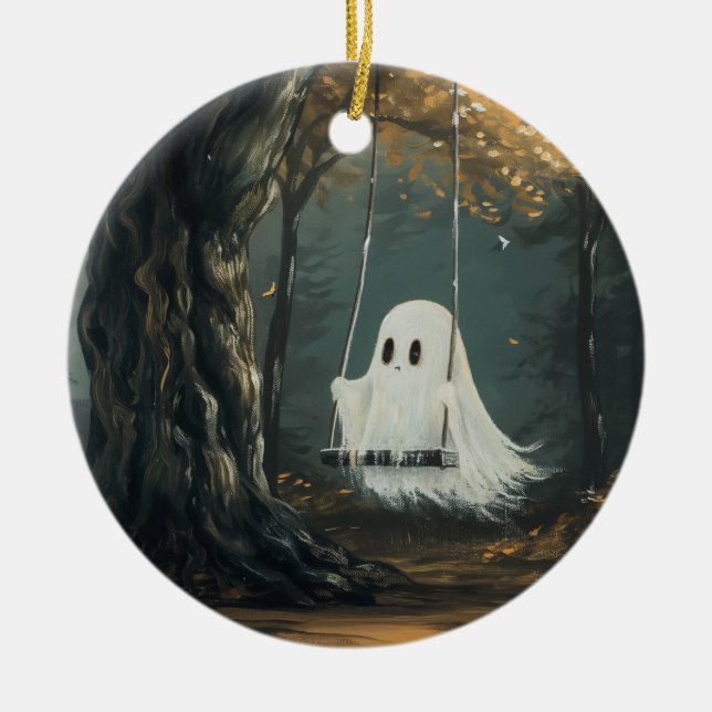 Spooky Ghost on Swing Halloween Autumn Forest Ceramic Ornament (Front)