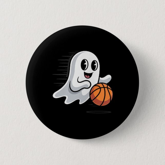Spooky Ghost Playing Basketball Retro Halloween Co 2 Inch Round Button (Front)