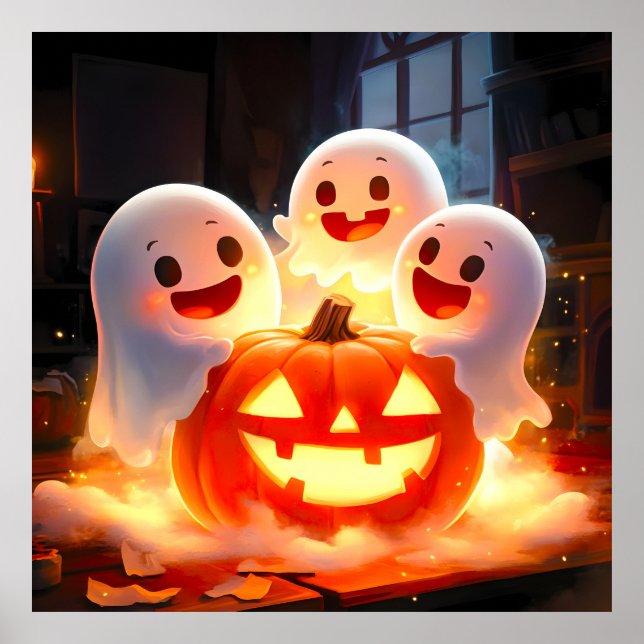 Spooky Ghost Pumpkin Party Glow Poster (Front)