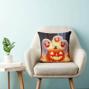 Spooky Ghost Pumpkin Party Glow Throw Pillow