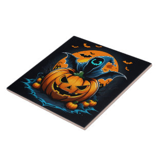 Spooky ghost rising from a carved pumpkin at night tile