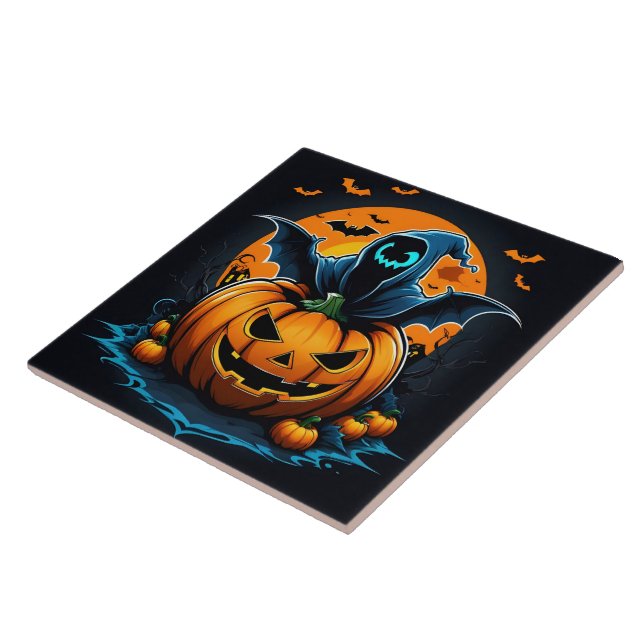 Spooky ghost rising from a carved pumpkin at night tile (Side)