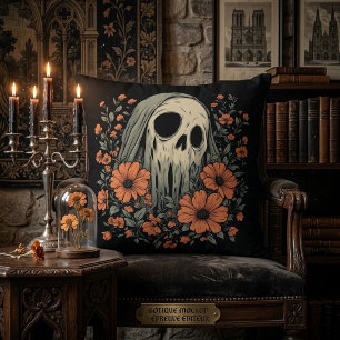 Spooky Ghost Skull with Orange Flowers Throw Pillow