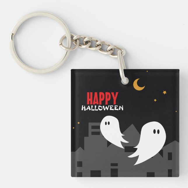 Spooky ghost town halloween cartoon   keychain (Front)