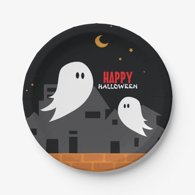 Spooky ghost town halloween cartoon  paper plate (Front)