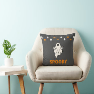 Spooky Ghost with Jack-O' Lanterns Grey Halloween Throw Pillow