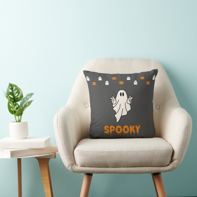Spooky Ghost with Jack-O' Lanterns Grey Halloween Throw Pillow (Chair)