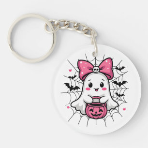 Spooky Ghost with Pink Bow Breast Cancer Awareness Keychain