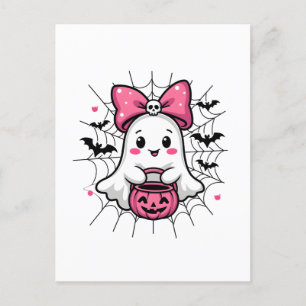 Spooky Ghost with Pink Bow Breast Cancer Awareness Postcard